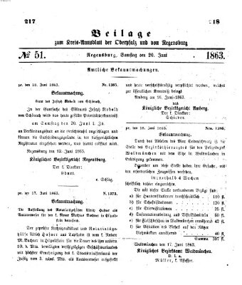 Königlich-bayerisches Kreis-Amtsblatt der Oberpfalz und von Regensburg (Königlich bayerisches Intelligenzblatt für die Oberpfalz und von Regensburg) Samstag 20. Juni 1863