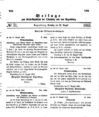 Königlich-bayerisches Kreis-Amtsblatt der Oberpfalz und von Regensburg (Königlich bayerisches Intelligenzblatt für die Oberpfalz und von Regensburg) Samstag 22. August 1863