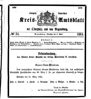 Königlich-bayerisches Kreis-Amtsblatt der Oberpfalz und von Regensburg (Königlich bayerisches Intelligenzblatt für die Oberpfalz und von Regensburg) Dienstag 5. April 1864