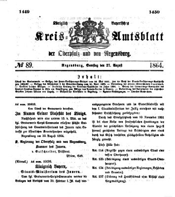 Königlich-bayerisches Kreis-Amtsblatt der Oberpfalz und von Regensburg (Königlich bayerisches Intelligenzblatt für die Oberpfalz und von Regensburg) Samstag 27. August 1864