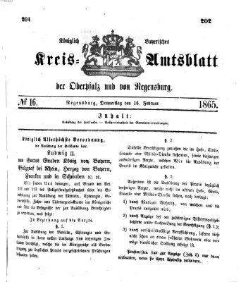 Königlich-bayerisches Kreis-Amtsblatt der Oberpfalz und von Regensburg (Königlich bayerisches Intelligenzblatt für die Oberpfalz und von Regensburg) Donnerstag 16. Februar 1865