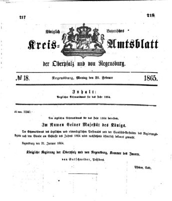 Königlich-bayerisches Kreis-Amtsblatt der Oberpfalz und von Regensburg (Königlich bayerisches Intelligenzblatt für die Oberpfalz und von Regensburg) Montag 20. Februar 1865