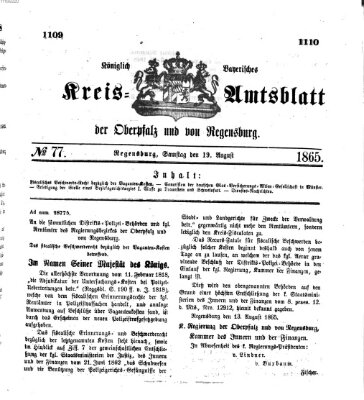 Königlich-bayerisches Kreis-Amtsblatt der Oberpfalz und von Regensburg (Königlich bayerisches Intelligenzblatt für die Oberpfalz und von Regensburg) Samstag 19. August 1865