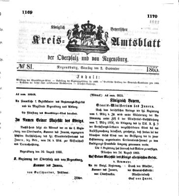 Königlich-bayerisches Kreis-Amtsblatt der Oberpfalz und von Regensburg (Königlich bayerisches Intelligenzblatt für die Oberpfalz und von Regensburg) Samstag 2. September 1865