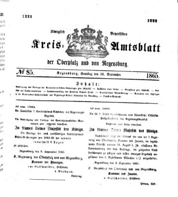 Königlich-bayerisches Kreis-Amtsblatt der Oberpfalz und von Regensburg (Königlich bayerisches Intelligenzblatt für die Oberpfalz und von Regensburg) Samstag 16. September 1865