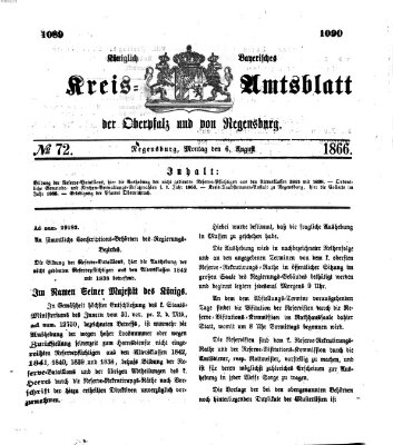 Königlich-bayerisches Kreis-Amtsblatt der Oberpfalz und von Regensburg (Königlich bayerisches Intelligenzblatt für die Oberpfalz und von Regensburg) Montag 6. August 1866