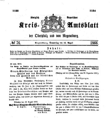 Königlich-bayerisches Kreis-Amtsblatt der Oberpfalz und von Regensburg (Königlich bayerisches Intelligenzblatt für die Oberpfalz und von Regensburg) Donnerstag 16. August 1866