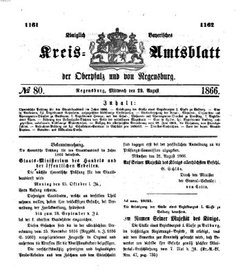 Königlich-bayerisches Kreis-Amtsblatt der Oberpfalz und von Regensburg (Königlich bayerisches Intelligenzblatt für die Oberpfalz und von Regensburg) Mittwoch 29. August 1866