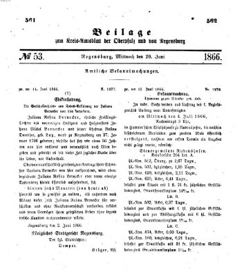 Königlich-bayerisches Kreis-Amtsblatt der Oberpfalz und von Regensburg (Königlich bayerisches Intelligenzblatt für die Oberpfalz und von Regensburg) Mittwoch 20. Juni 1866