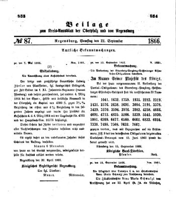 Königlich-bayerisches Kreis-Amtsblatt der Oberpfalz und von Regensburg (Königlich bayerisches Intelligenzblatt für die Oberpfalz und von Regensburg) Samstag 22. September 1866