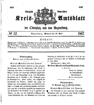 Königlich-bayerisches Kreis-Amtsblatt der Oberpfalz und von Regensburg (Königlich bayerisches Intelligenzblatt für die Oberpfalz und von Regensburg) Mittwoch 10. April 1867