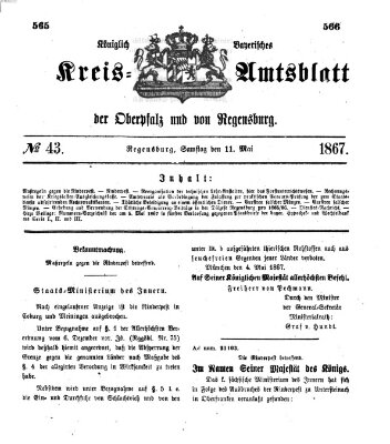 Königlich-bayerisches Kreis-Amtsblatt der Oberpfalz und von Regensburg (Königlich bayerisches Intelligenzblatt für die Oberpfalz und von Regensburg) Samstag 11. Mai 1867