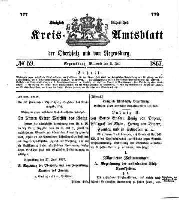 Königlich-bayerisches Kreis-Amtsblatt der Oberpfalz und von Regensburg (Königlich bayerisches Intelligenzblatt für die Oberpfalz und von Regensburg) Mittwoch 3. Juli 1867