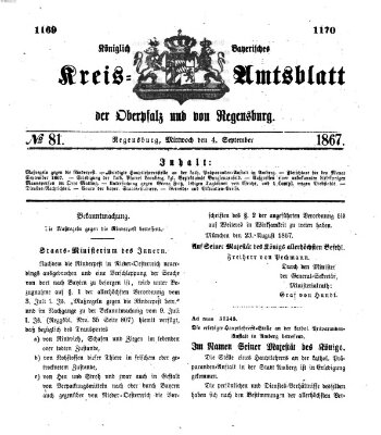 Königlich-bayerisches Kreis-Amtsblatt der Oberpfalz und von Regensburg (Königlich bayerisches Intelligenzblatt für die Oberpfalz und von Regensburg) Mittwoch 4. September 1867