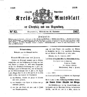 Königlich-bayerisches Kreis-Amtsblatt der Oberpfalz und von Regensburg (Königlich bayerisches Intelligenzblatt für die Oberpfalz und von Regensburg) Mittwoch 18. September 1867