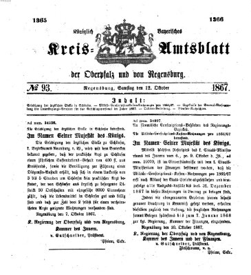 Königlich-bayerisches Kreis-Amtsblatt der Oberpfalz und von Regensburg (Königlich bayerisches Intelligenzblatt für die Oberpfalz und von Regensburg) Samstag 12. Oktober 1867