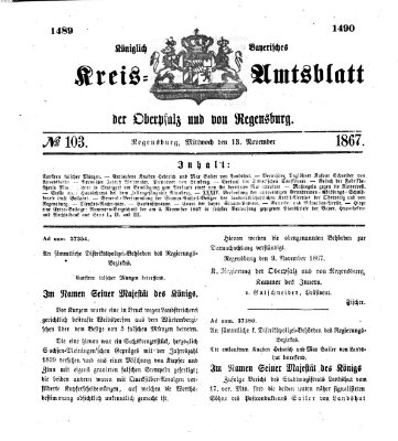 Königlich-bayerisches Kreis-Amtsblatt der Oberpfalz und von Regensburg (Königlich bayerisches Intelligenzblatt für die Oberpfalz und von Regensburg) Mittwoch 13. November 1867