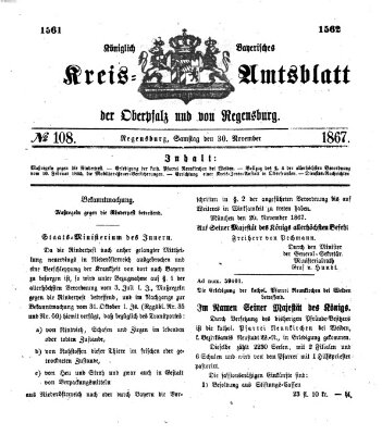 Königlich-bayerisches Kreis-Amtsblatt der Oberpfalz und von Regensburg (Königlich bayerisches Intelligenzblatt für die Oberpfalz und von Regensburg) Samstag 30. November 1867