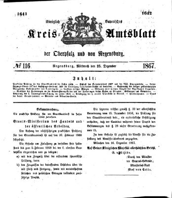 Königlich-bayerisches Kreis-Amtsblatt der Oberpfalz und von Regensburg (Königlich bayerisches Intelligenzblatt für die Oberpfalz und von Regensburg) Mittwoch 25. Dezember 1867