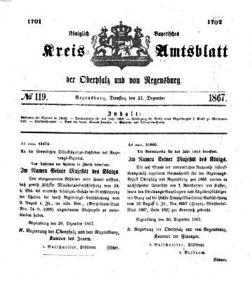 Königlich-bayerisches Kreis-Amtsblatt der Oberpfalz und von Regensburg (Königlich bayerisches Intelligenzblatt für die Oberpfalz und von Regensburg) Dienstag 31. Dezember 1867