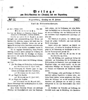 Königlich-bayerisches Kreis-Amtsblatt der Oberpfalz und von Regensburg (Königlich bayerisches Intelligenzblatt für die Oberpfalz und von Regensburg) Samstag 16. Februar 1867