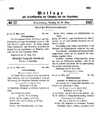 Königlich-bayerisches Kreis-Amtsblatt der Oberpfalz und von Regensburg (Königlich bayerisches Intelligenzblatt für die Oberpfalz und von Regensburg) Samstag 30. März 1867