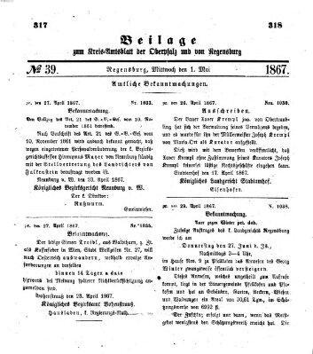 Königlich-bayerisches Kreis-Amtsblatt der Oberpfalz und von Regensburg (Königlich bayerisches Intelligenzblatt für die Oberpfalz und von Regensburg) Mittwoch 1. Mai 1867