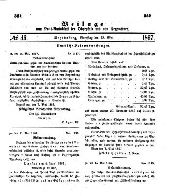 Königlich-bayerisches Kreis-Amtsblatt der Oberpfalz und von Regensburg (Königlich bayerisches Intelligenzblatt für die Oberpfalz und von Regensburg) Samstag 18. Mai 1867