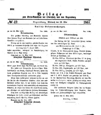 Königlich-bayerisches Kreis-Amtsblatt der Oberpfalz und von Regensburg (Königlich bayerisches Intelligenzblatt für die Oberpfalz und von Regensburg) Mittwoch 29. Mai 1867