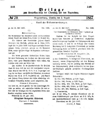 Königlich-bayerisches Kreis-Amtsblatt der Oberpfalz und von Regensburg (Königlich bayerisches Intelligenzblatt für die Oberpfalz und von Regensburg) Samstag 3. August 1867