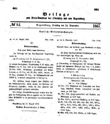 Königlich-bayerisches Kreis-Amtsblatt der Oberpfalz und von Regensburg (Königlich bayerisches Intelligenzblatt für die Oberpfalz und von Regensburg) Samstag 14. September 1867