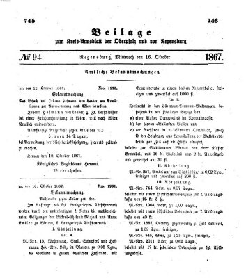 Königlich-bayerisches Kreis-Amtsblatt der Oberpfalz und von Regensburg (Königlich bayerisches Intelligenzblatt für die Oberpfalz und von Regensburg) Mittwoch 16. Oktober 1867