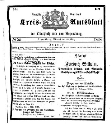 Königlich-bayerisches Kreis-Amtsblatt der Oberpfalz und von Regensburg (Königlich bayerisches Intelligenzblatt für die Oberpfalz und von Regensburg) Mittwoch 18. März 1868