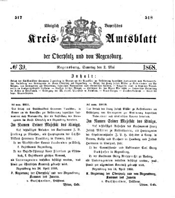 Königlich-bayerisches Kreis-Amtsblatt der Oberpfalz und von Regensburg (Königlich bayerisches Intelligenzblatt für die Oberpfalz und von Regensburg) Samstag 2. Mai 1868