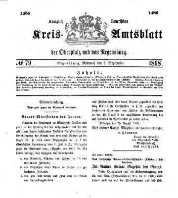 Königlich-bayerisches Kreis-Amtsblatt der Oberpfalz und von Regensburg (Königlich bayerisches Intelligenzblatt für die Oberpfalz und von Regensburg) Mittwoch 2. September 1868