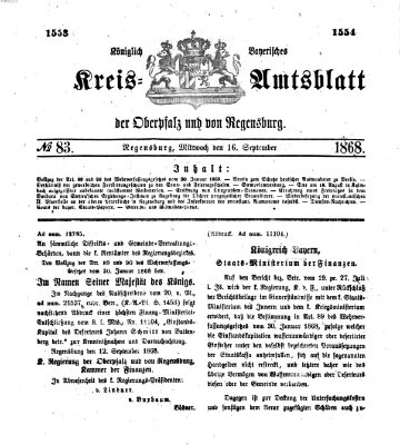 Königlich-bayerisches Kreis-Amtsblatt der Oberpfalz und von Regensburg (Königlich bayerisches Intelligenzblatt für die Oberpfalz und von Regensburg) Mittwoch 16. September 1868