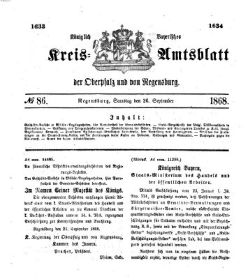 Königlich-bayerisches Kreis-Amtsblatt der Oberpfalz und von Regensburg (Königlich bayerisches Intelligenzblatt für die Oberpfalz und von Regensburg) Samstag 26. September 1868