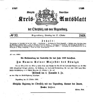 Königlich-bayerisches Kreis-Amtsblatt der Oberpfalz und von Regensburg (Königlich bayerisches Intelligenzblatt für die Oberpfalz und von Regensburg) Samstag 17. Oktober 1868