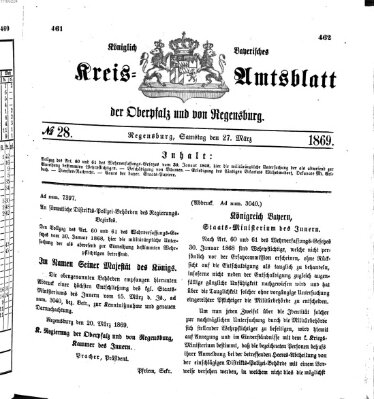 Königlich-bayerisches Kreis-Amtsblatt der Oberpfalz und von Regensburg (Königlich bayerisches Intelligenzblatt für die Oberpfalz und von Regensburg) Samstag 27. März 1869