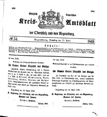 Königlich-bayerisches Kreis-Amtsblatt der Oberpfalz und von Regensburg (Königlich bayerisches Intelligenzblatt für die Oberpfalz und von Regensburg) Samstag 17. April 1869