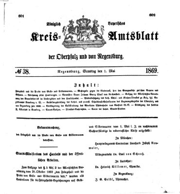 Königlich-bayerisches Kreis-Amtsblatt der Oberpfalz und von Regensburg (Königlich bayerisches Intelligenzblatt für die Oberpfalz und von Regensburg) Samstag 1. Mai 1869