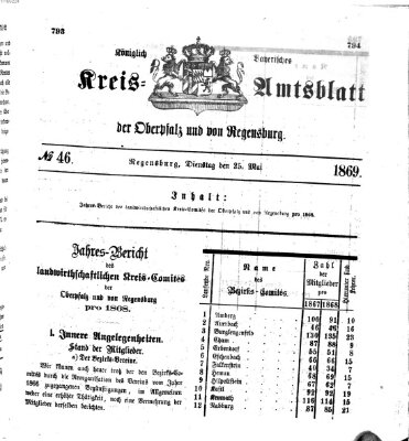 Königlich-bayerisches Kreis-Amtsblatt der Oberpfalz und von Regensburg (Königlich bayerisches Intelligenzblatt für die Oberpfalz und von Regensburg) Dienstag 25. Mai 1869