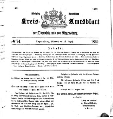 Königlich-bayerisches Kreis-Amtsblatt der Oberpfalz und von Regensburg (Königlich bayerisches Intelligenzblatt für die Oberpfalz und von Regensburg) Mittwoch 25. August 1869