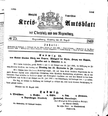 Königlich-bayerisches Kreis-Amtsblatt der Oberpfalz und von Regensburg (Königlich bayerisches Intelligenzblatt für die Oberpfalz und von Regensburg) Samstag 28. August 1869