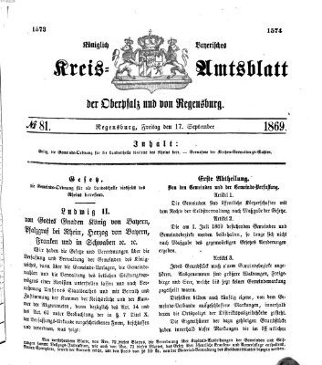 Königlich-bayerisches Kreis-Amtsblatt der Oberpfalz und von Regensburg (Königlich bayerisches Intelligenzblatt für die Oberpfalz und von Regensburg) Freitag 17. September 1869