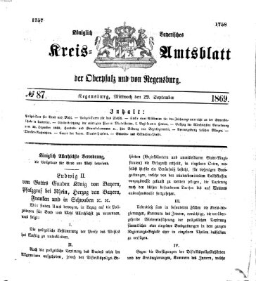 Königlich-bayerisches Kreis-Amtsblatt der Oberpfalz und von Regensburg (Königlich bayerisches Intelligenzblatt für die Oberpfalz und von Regensburg) Mittwoch 29. September 1869