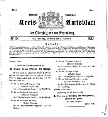 Königlich-bayerisches Kreis-Amtsblatt der Oberpfalz und von Regensburg (Königlich bayerisches Intelligenzblatt für die Oberpfalz und von Regensburg) Mittwoch 3. November 1869