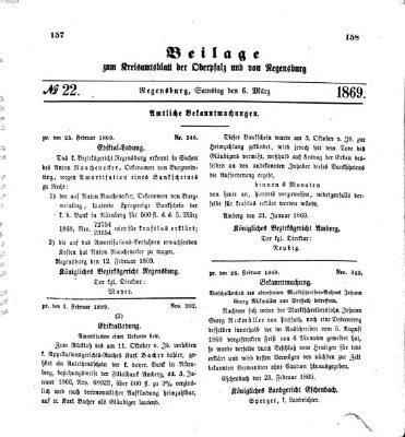 Königlich-bayerisches Kreis-Amtsblatt der Oberpfalz und von Regensburg (Königlich bayerisches Intelligenzblatt für die Oberpfalz und von Regensburg) Samstag 6. März 1869