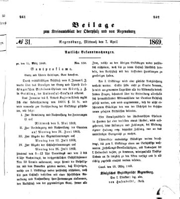 Königlich-bayerisches Kreis-Amtsblatt der Oberpfalz und von Regensburg (Königlich bayerisches Intelligenzblatt für die Oberpfalz und von Regensburg) Mittwoch 7. April 1869