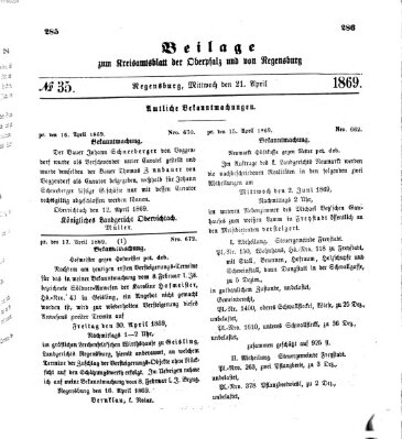 Königlich-bayerisches Kreis-Amtsblatt der Oberpfalz und von Regensburg (Königlich bayerisches Intelligenzblatt für die Oberpfalz und von Regensburg) Mittwoch 21. April 1869